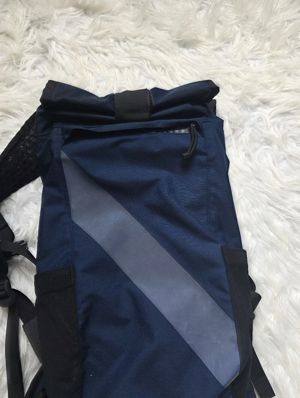 Navy Blue Roll-Top Sling Backpack with Reflective Diagonal Stripe